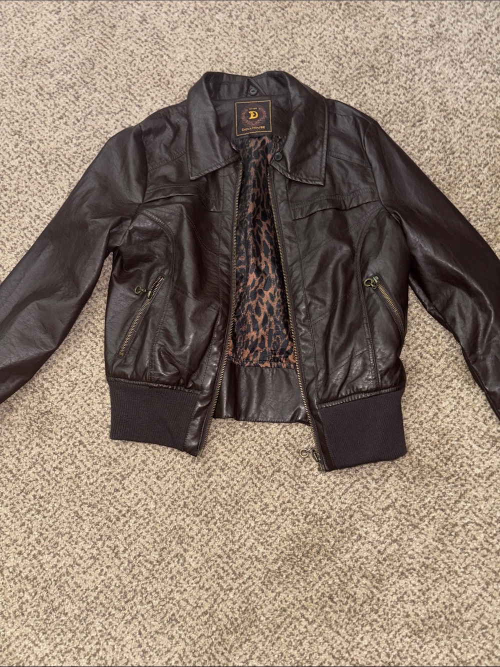 Dollhouse Brown Faux Leather Bomber Jacket with Leopard-Print Lining M